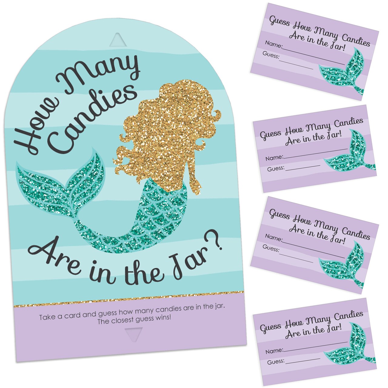 Big Dot of Happiness Let’s Be Mermaids - How Many Candies Baby Shower or Birthday Party Game - 1 Stand and 40 Cards - Candy Guessing Game